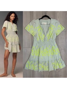 Anthropologie The Somerset Mini Dress: Embroidered Linen Edition Mint Green XL